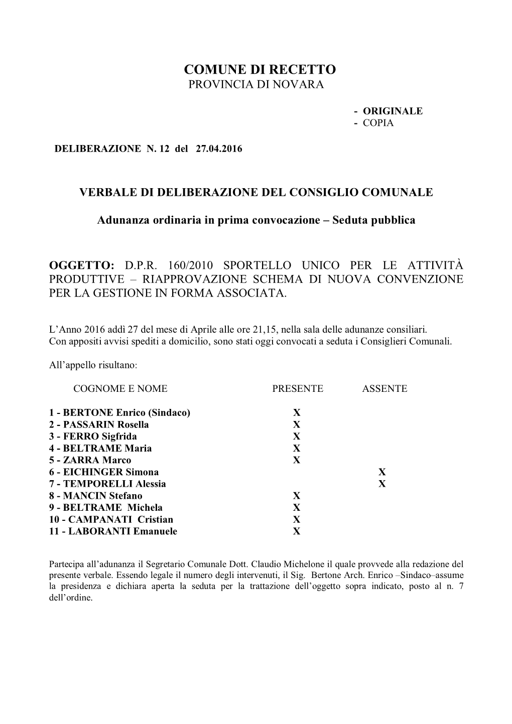 Comune Di Recetto Provincia Di Novara