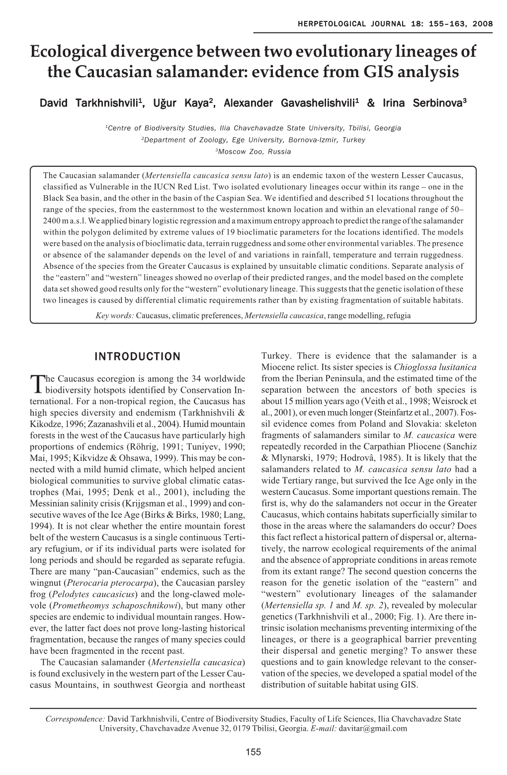 Ecological Divergence Between Two Evolutionary Lineages of the Caucasian Salamander: Evidence from GIS Analysis