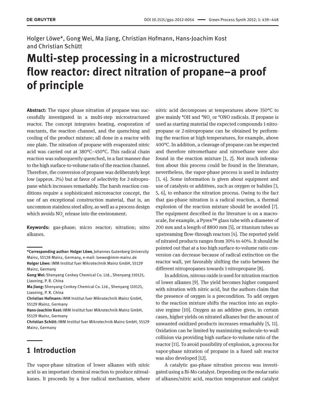 Multi-Step Processing in a Microstructured Flow Reactor: Direct Nitration of Propane–A Proof of Principle