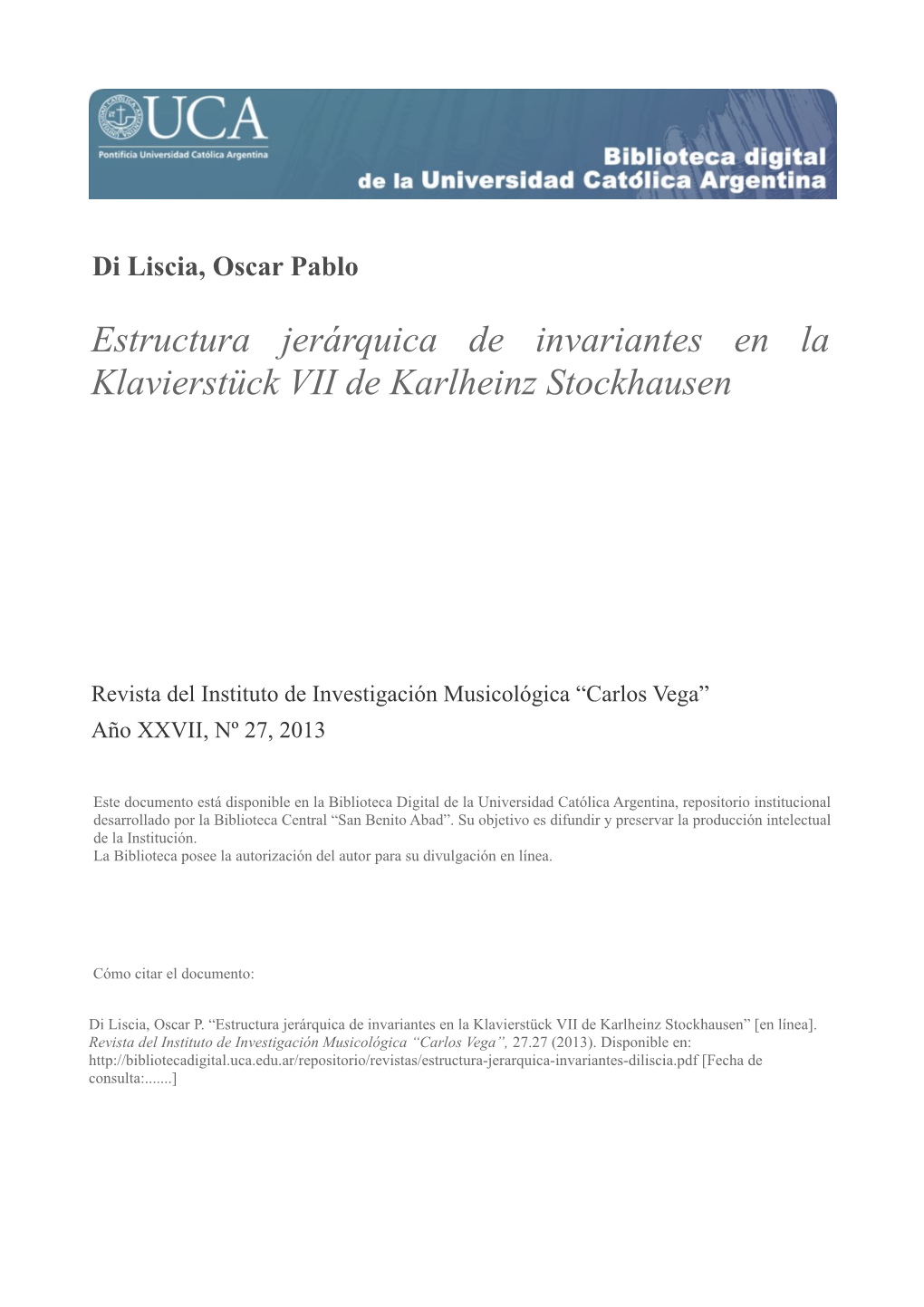 Estructura Jerárquica De Invariantes En La Klavierstück VII De Karlheinz Stockhausen