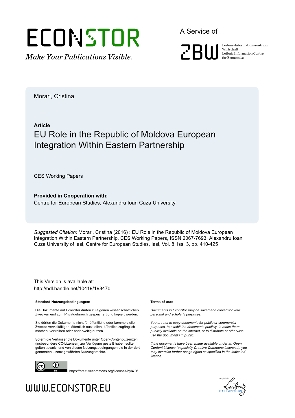 EU Role in the Republic of Moldova European Integration Within Eastern Partnership