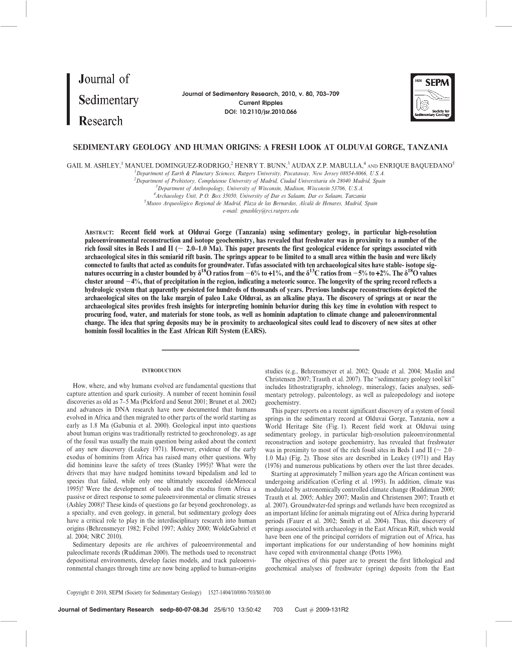 Sedimentary Geology and Human Origins: a Fresh Look at Olduvai Gorge, Tanzania