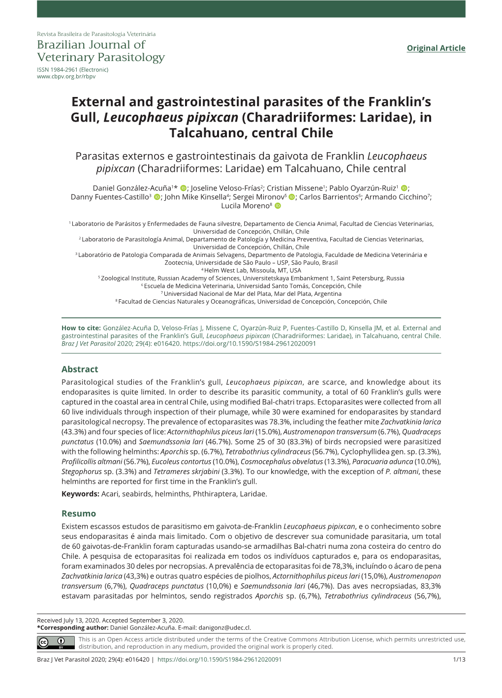 External and Gastrointestinal Parasites of the Franklin's Gull, Leucophaeus