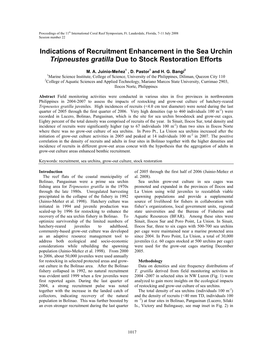 Indications of Recruitment Enhancement in the Sea Urchin Tripneustes Gratilla Due to Stock Restoration Efforts