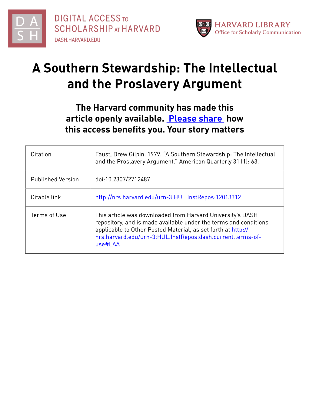 A Southern Stewardship: the Intellectual and the Proslavery Argument