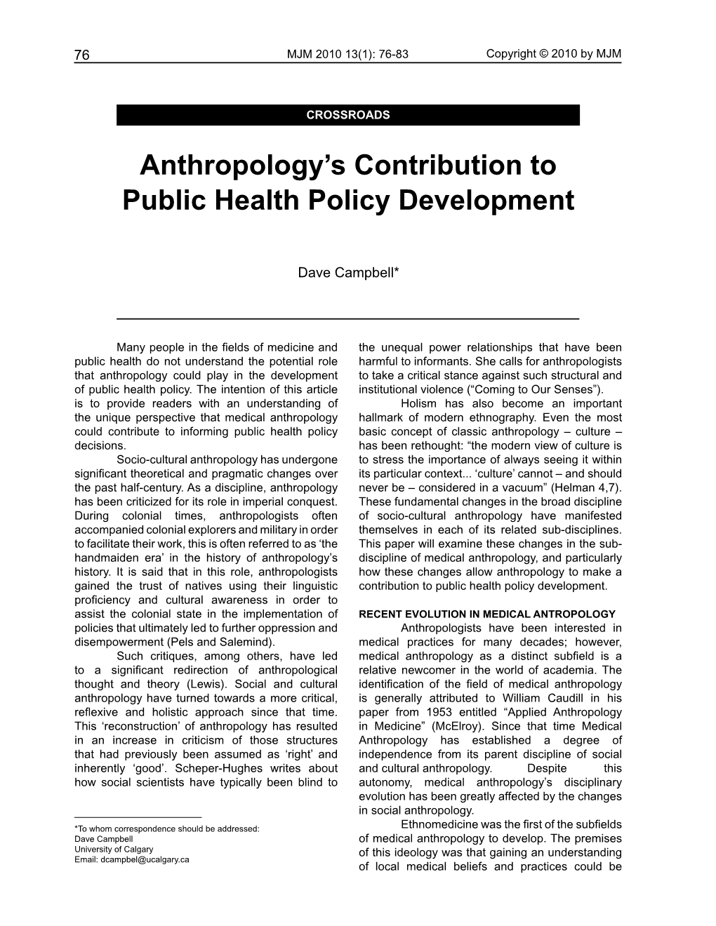 Anthropology's Contribution to Public Health Policy Development