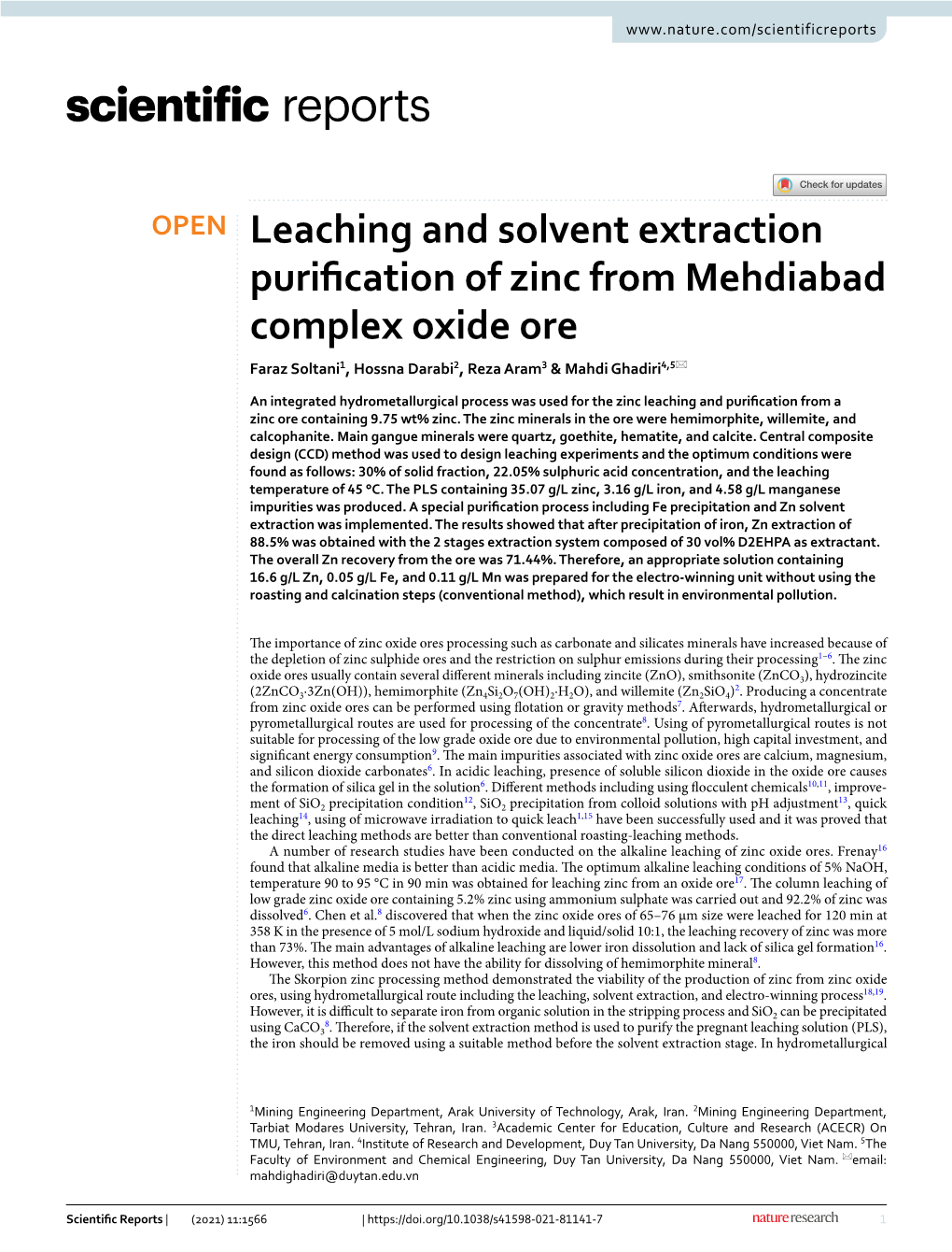 Leaching and Solvent Extraction Purification of Zinc from Mehdiabad