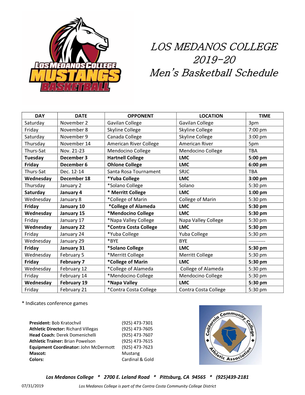 LOS MEDANOS COLLEGE 2019-20 Men's Basketball Schedule