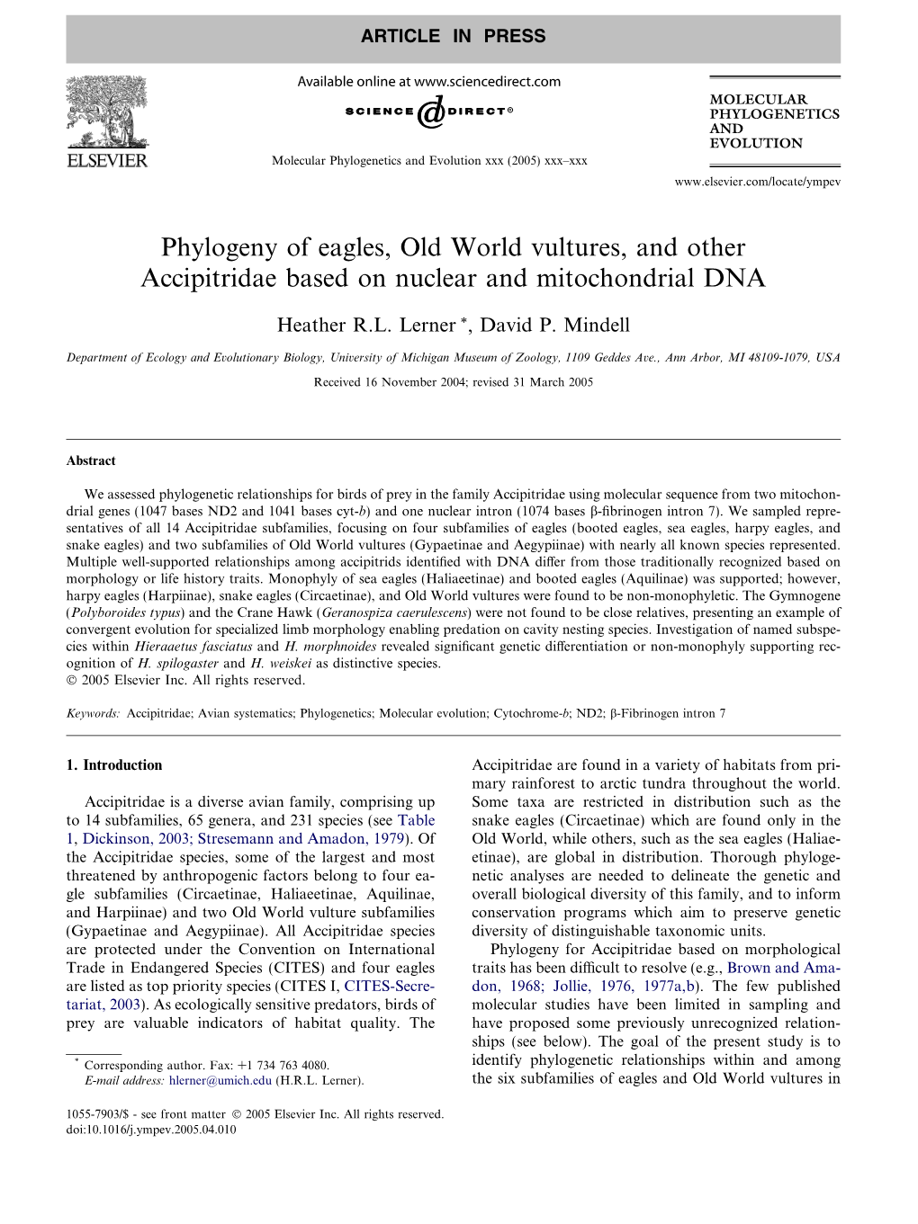 Phylogeny of Eagles, Old World Vultures, and Other Accipitridae Based on Nuclear and Mitochondrial DNA