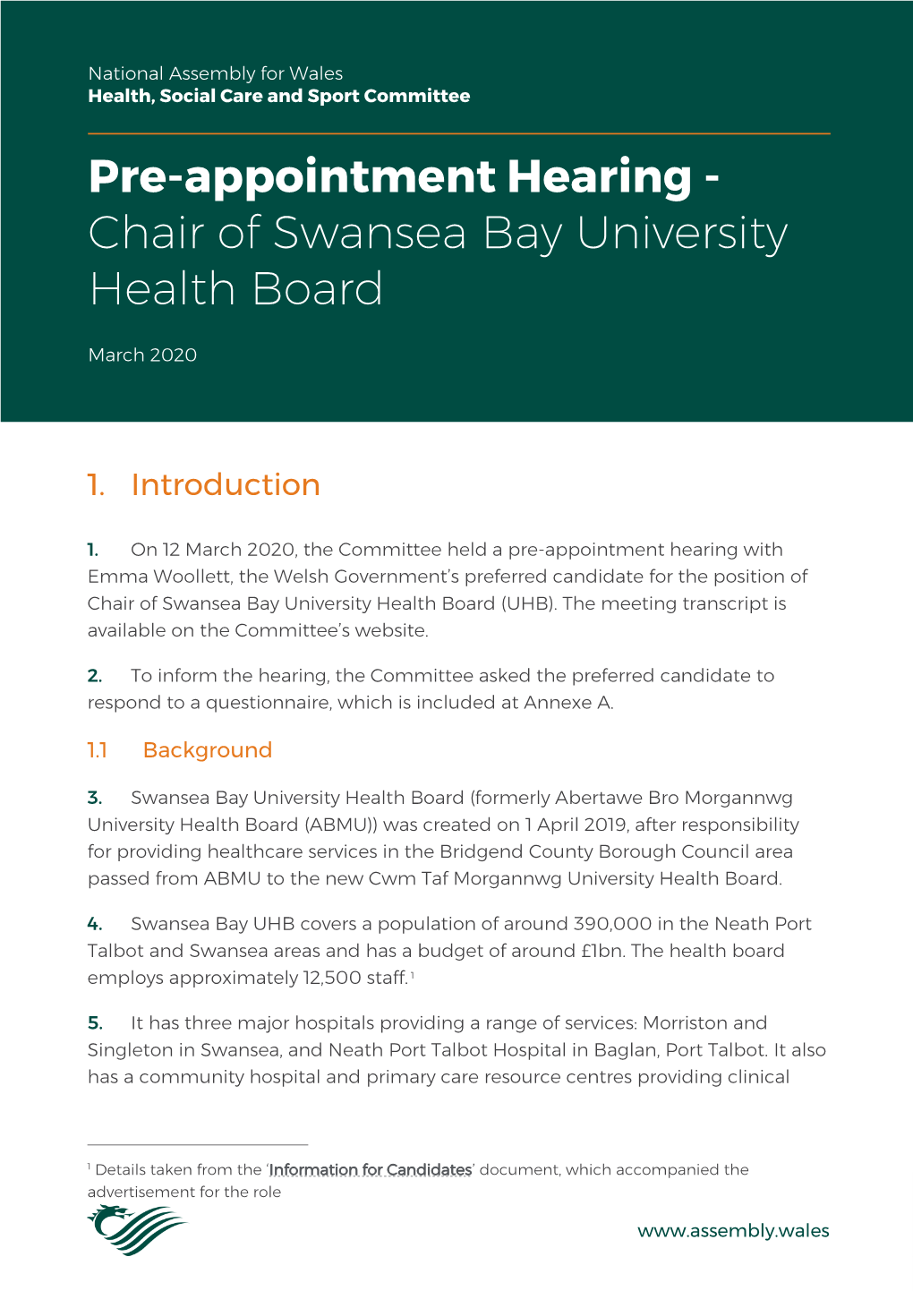 Pre-Appointment Hearing - Chair of Swansea Bay University Health Board