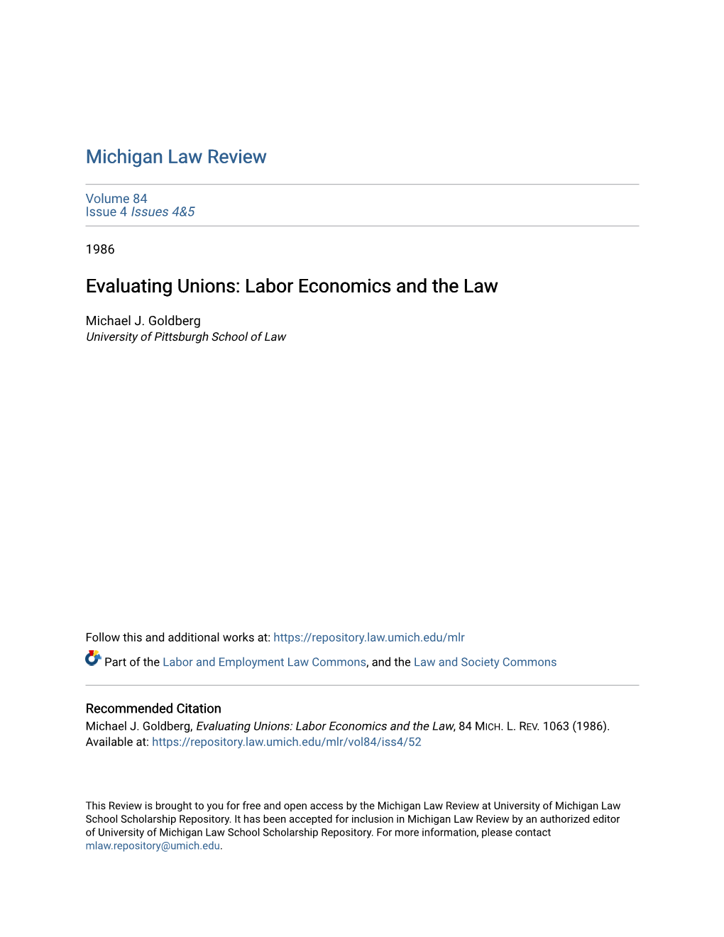 Evaluating Unions: Labor Economics and the Law
