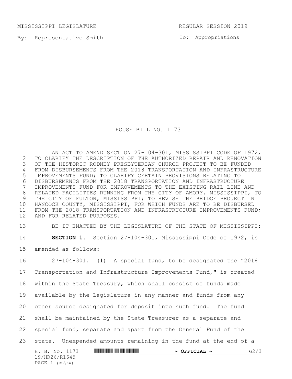 MISSISSIPPI LEGISLATURE REGULAR SESSION 2019 By