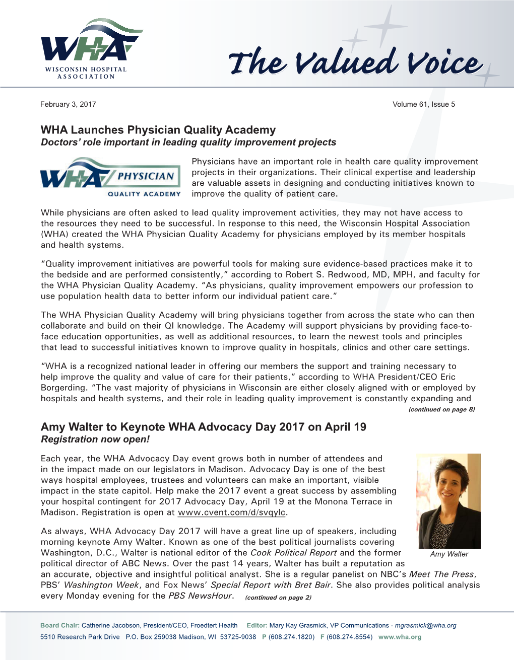 Amy Walter to Keynote WHA Advocacy Day 2017 on April 19 WHA Launches Physician Quality Academy