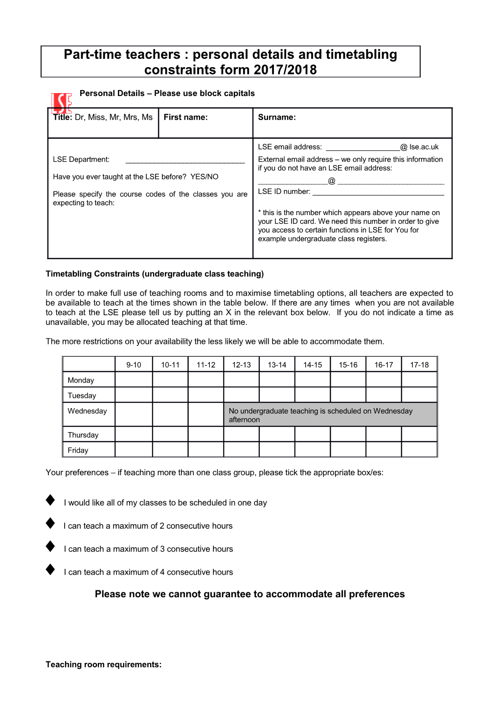 Part-Time Teachers : Personal Details and Timetabling Constraints