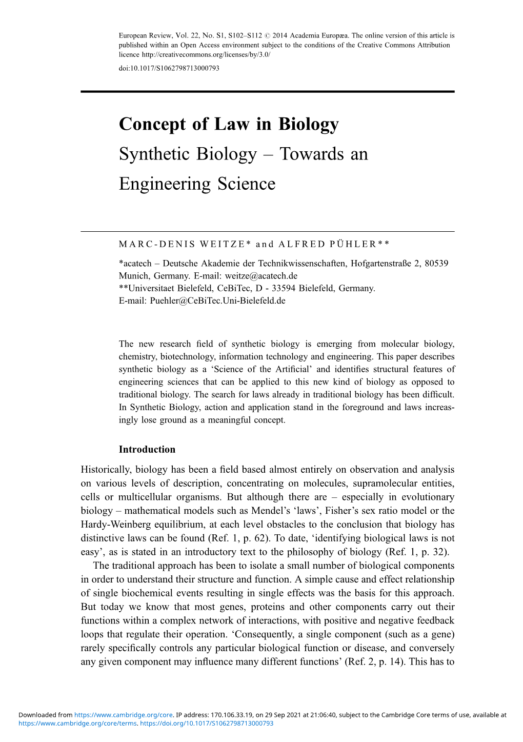 Concept of Law in Biology Synthetic Biology – Towards an Engineering Science