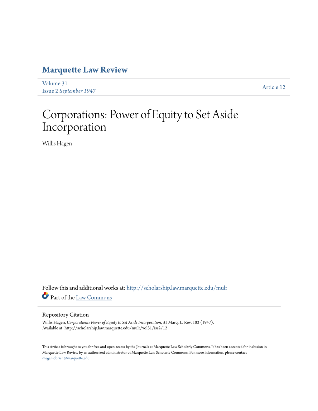 Corporations: Power of Equity to Set Aside Incorporation Willis Hagen