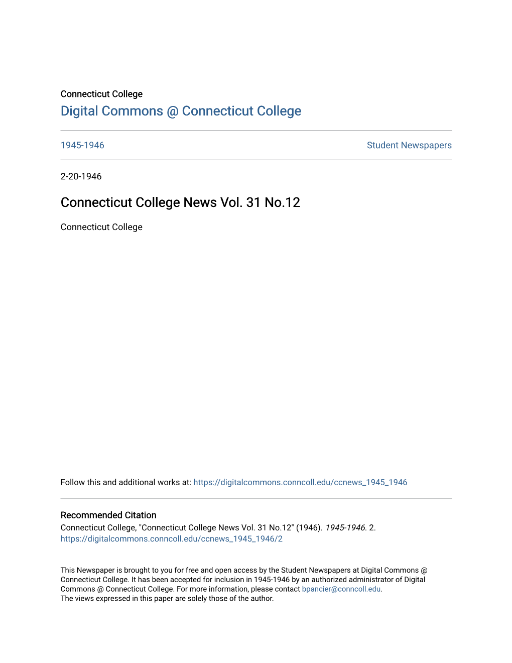 Connecticut College News Vol. 31 No.12