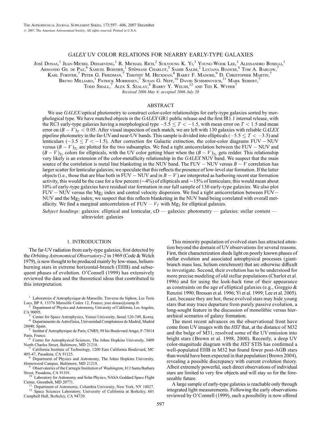 GALEX UV COLOR RELATIONS for NEARBY EARLY-TYPE GALAXIES Jose´ Donas,1 Jean-Michel Deharveng,1 R