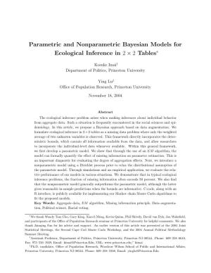 Parametric and Nonparametric Bayesian Models for Ecological Inference in 2 × 2 Tables∗