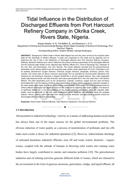 Tidal Influence in the Distribution of Discharged Effluents from Port Harcourt Refinery Company in Okrika Creek, Rivers State, Nigeria