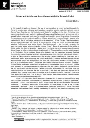 Heroes and Anti-Heroes: Masculine Anxiety in the Romantic Period Felicity Chilver