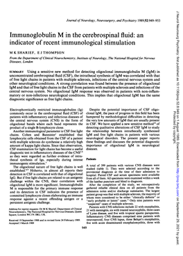 Immunoglobulin M in the Cerebrospinal Fluid: an Indicator of Recent Immunological Stimulation