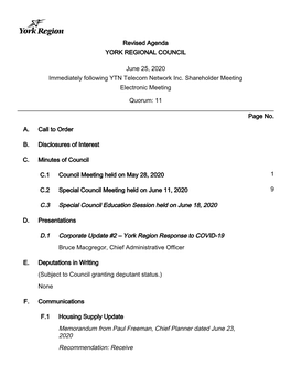 Revised Agenda YORK REGIONAL COUNCIL June 25, 2020
