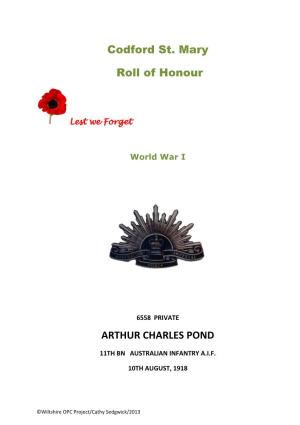 Codford St. Mary Roll of Honour ARTHUR CHARLES POND