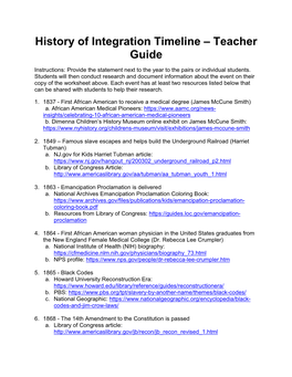 History of Integration Timeline – Teacher Guide Instructions: Provide the Statement Next to the Year to the Pairs Or Individual Students