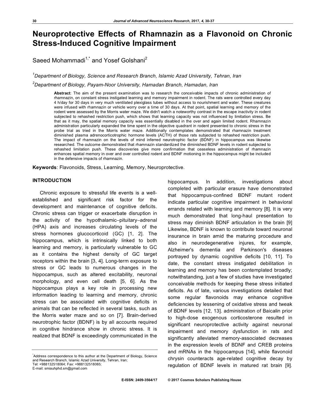 Neuroprotective Effects of Rhamnazin As a Flavonoid on Chronic Stress-Induced Cognitive Impairment