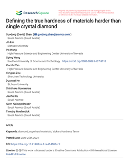 De Ning the True Hardness of Materials Harder Than Single Crystal Diamond