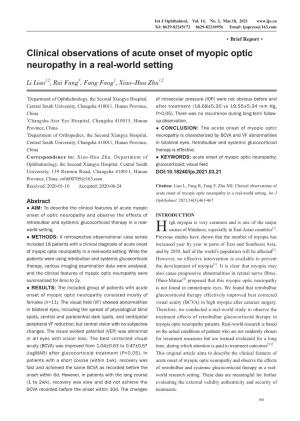 Clinical Observations of Acute Onset of Myopic Optic Neuropathy in a Real-World Setting