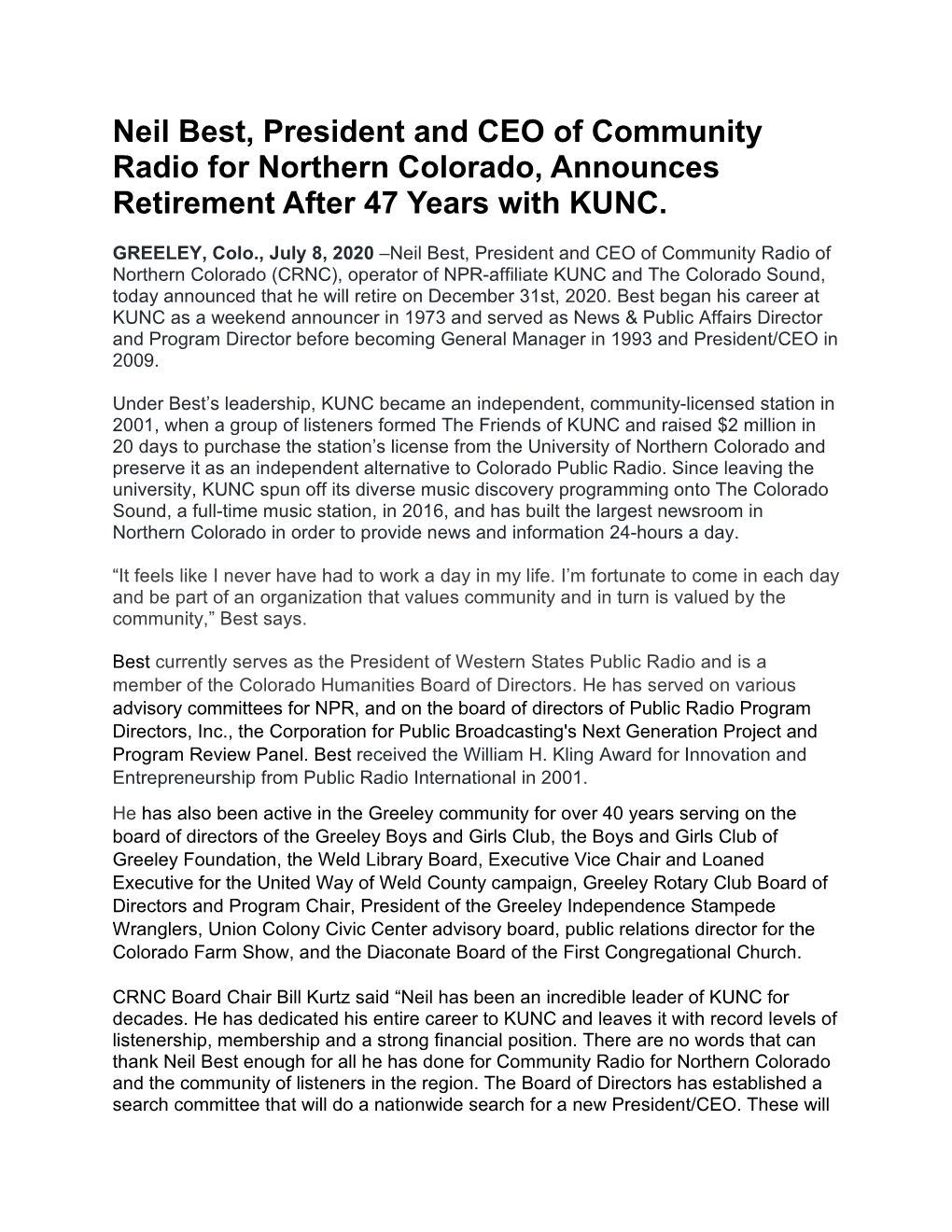 Neil Best, President and CEO of Community Radio for Northern Colorado, Announces Retirement After 47 Years with KUNC