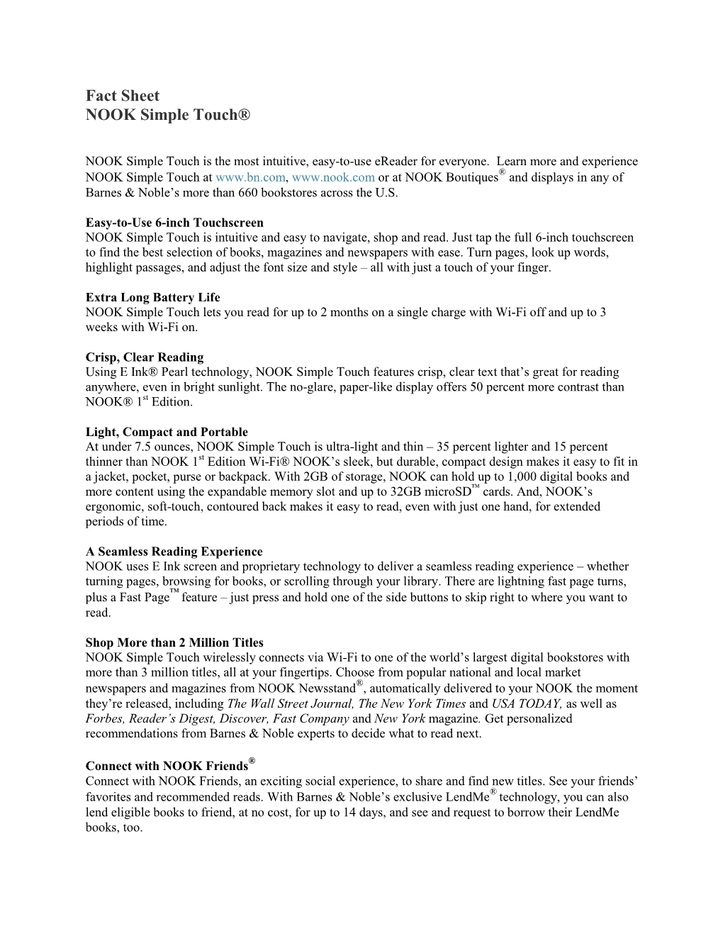 NOOK Simple Touch Fact Sheet