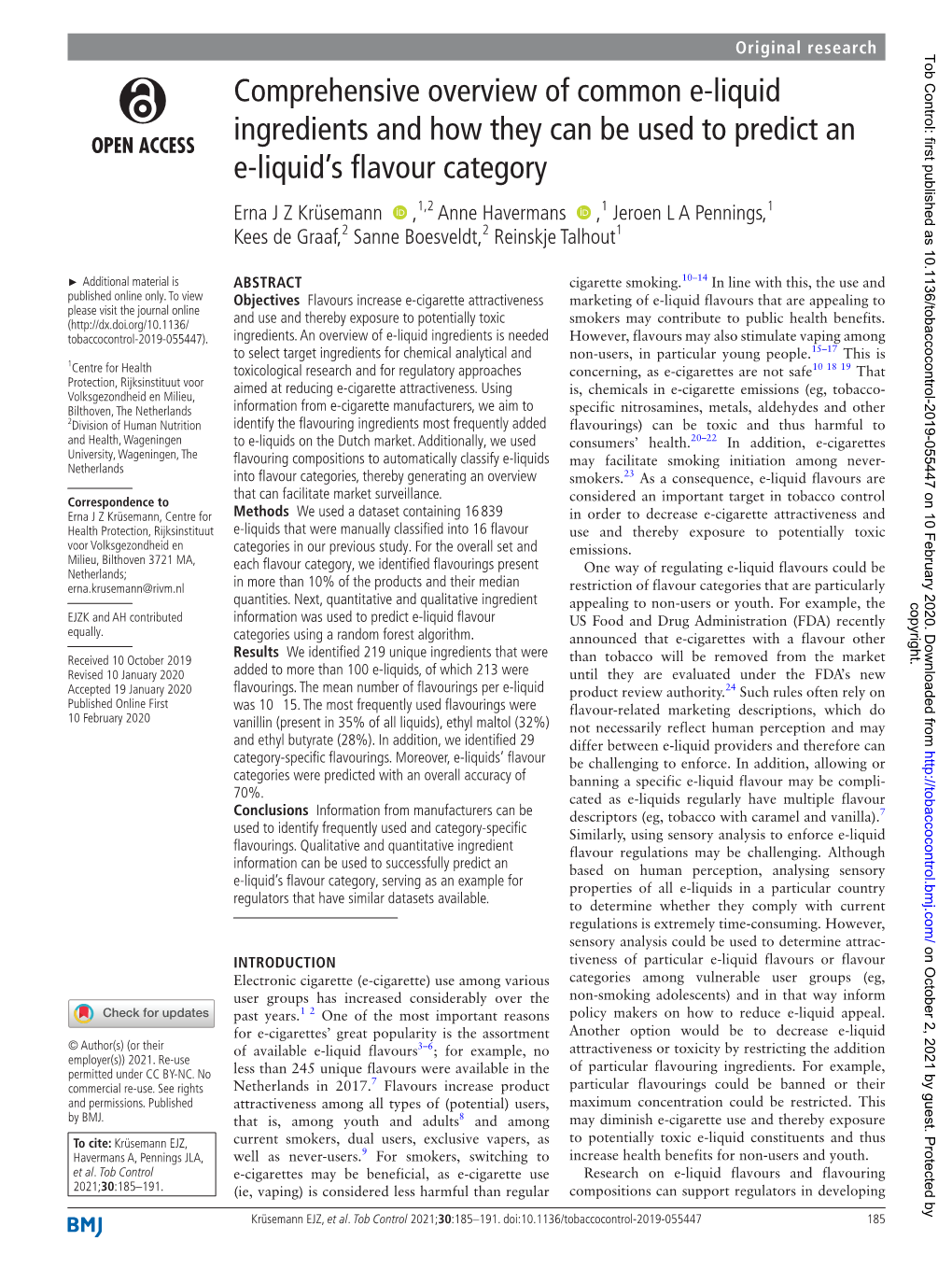 Comprehensive Overview of Common E-Liquid Ingredients and How They Can Be Used to Predict an E-Liquid's Flavour Category