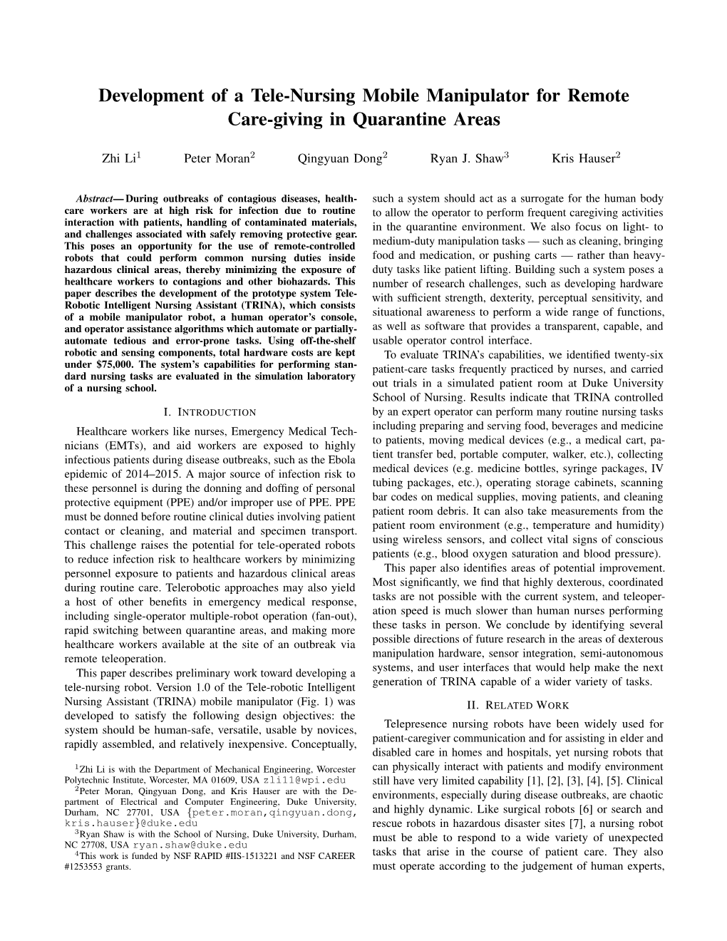 Development of a Tele-Nursing Mobile Manipulator for Remote Care-Giving in Quarantine Areas