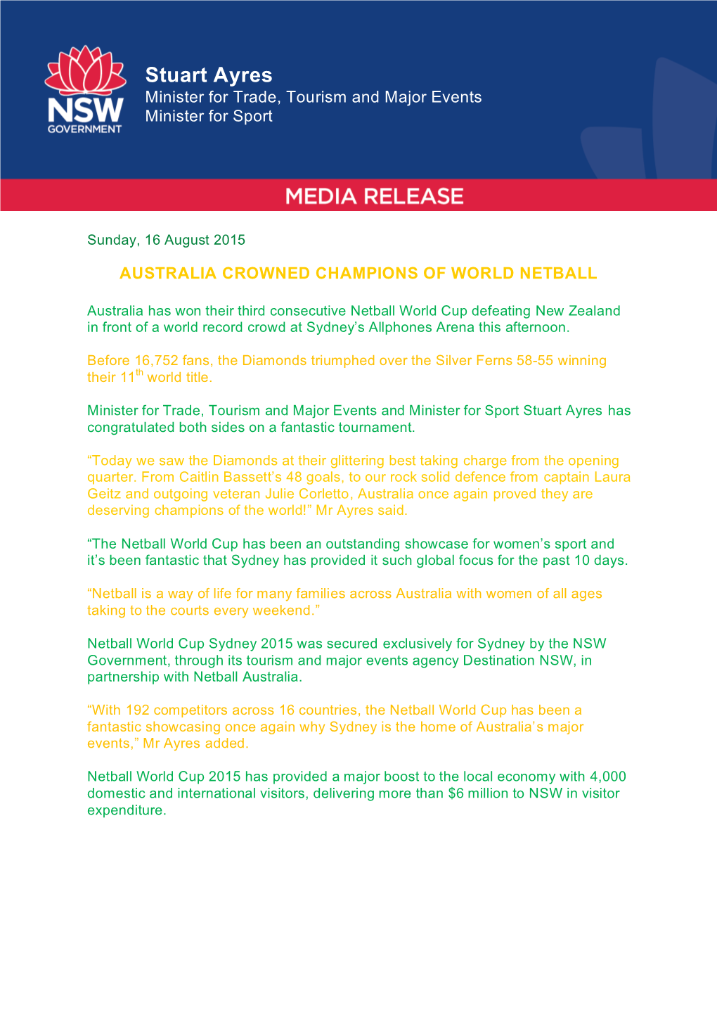 Australia Crowned Champions of World Netball