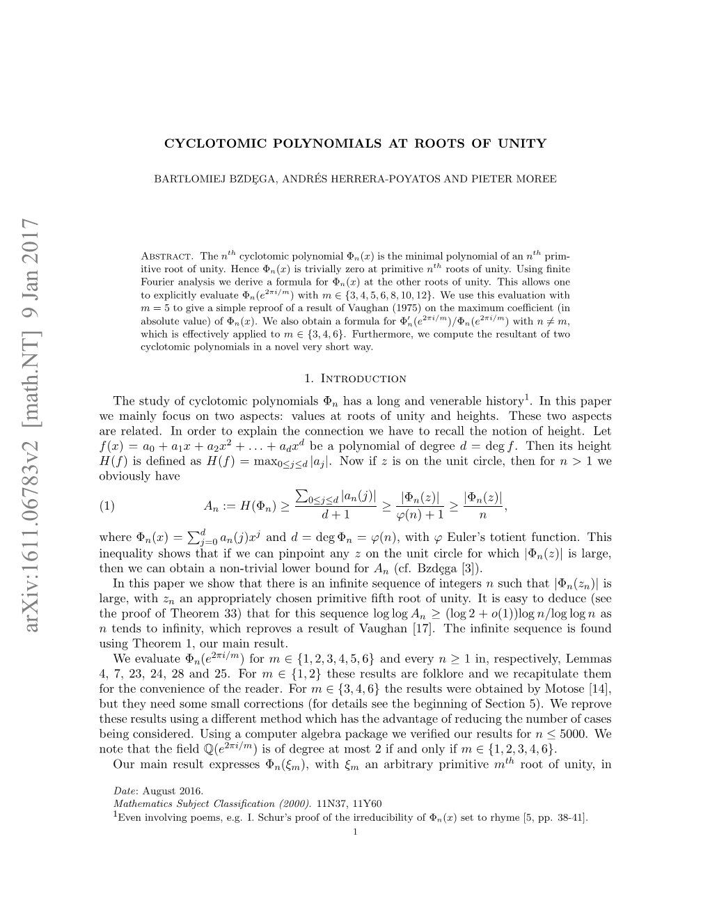 Cyclotomic Polynomials at Roots of Unity, Mathematica Scan- Dinavica 49 (1981), 15–35