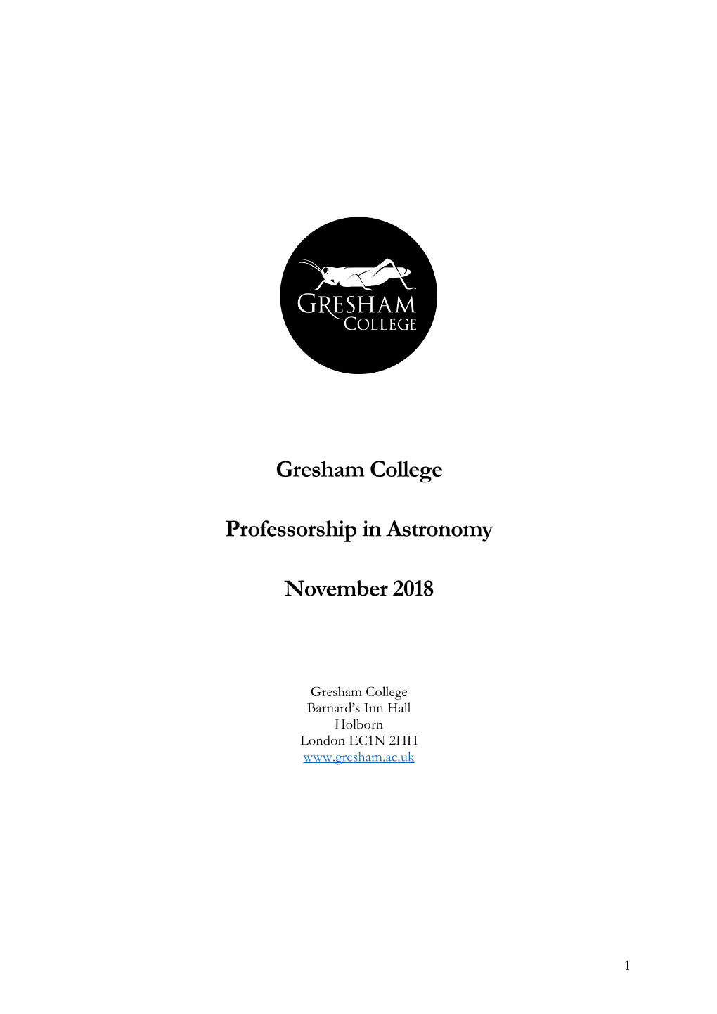 Gresham College Professorship in Astronomy November 2018