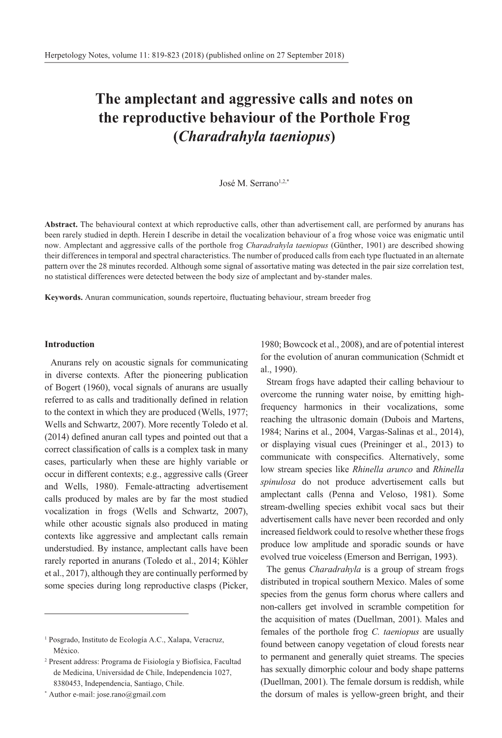 The Amplectant and Aggressive Calls and Notes on the Reproductive Behaviour of the Porthole Frog (Charadrahyla Taeniopus)