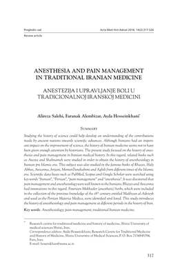 Anesthesia and Pain Management in Traditional Iranian Medicine