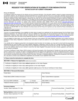 Request for Verification of Eligibility for Indian Status Sixties Scoop Settlement Agreement