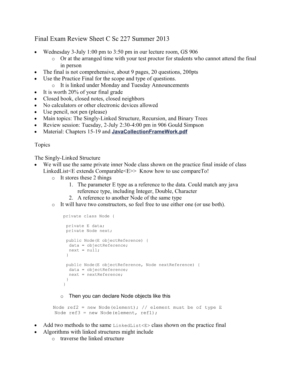 Test 3 Review Sheet for Csc227 Fall 2006