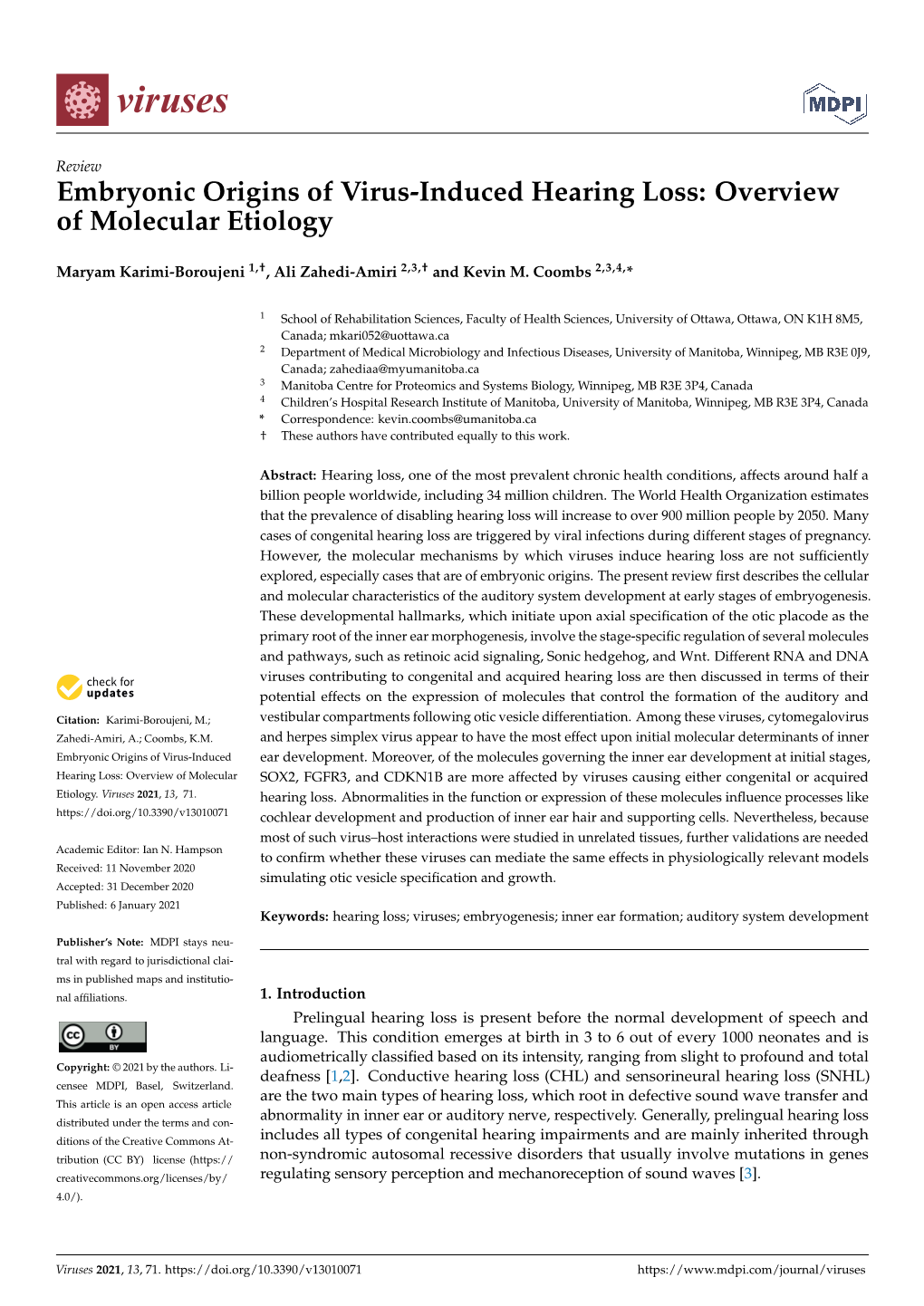 Embryonic Origins of Virus-Induced Hearing Loss: Overview of Molecular Etiology