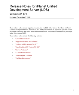 Release Notes for Iplanet Unified Development Server (UDS) Version 5.0, SP1 Updated December 7, 2001