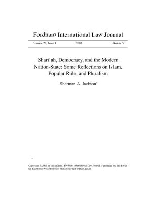 Shari'ah, Democracy, and the Modern Nation-State: Some Reflections on Islam, Popular Rule, and Pluralism