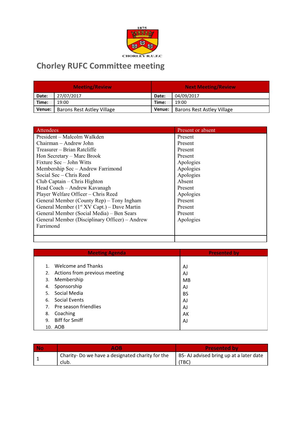 Chorley RUFC Committee Meeting