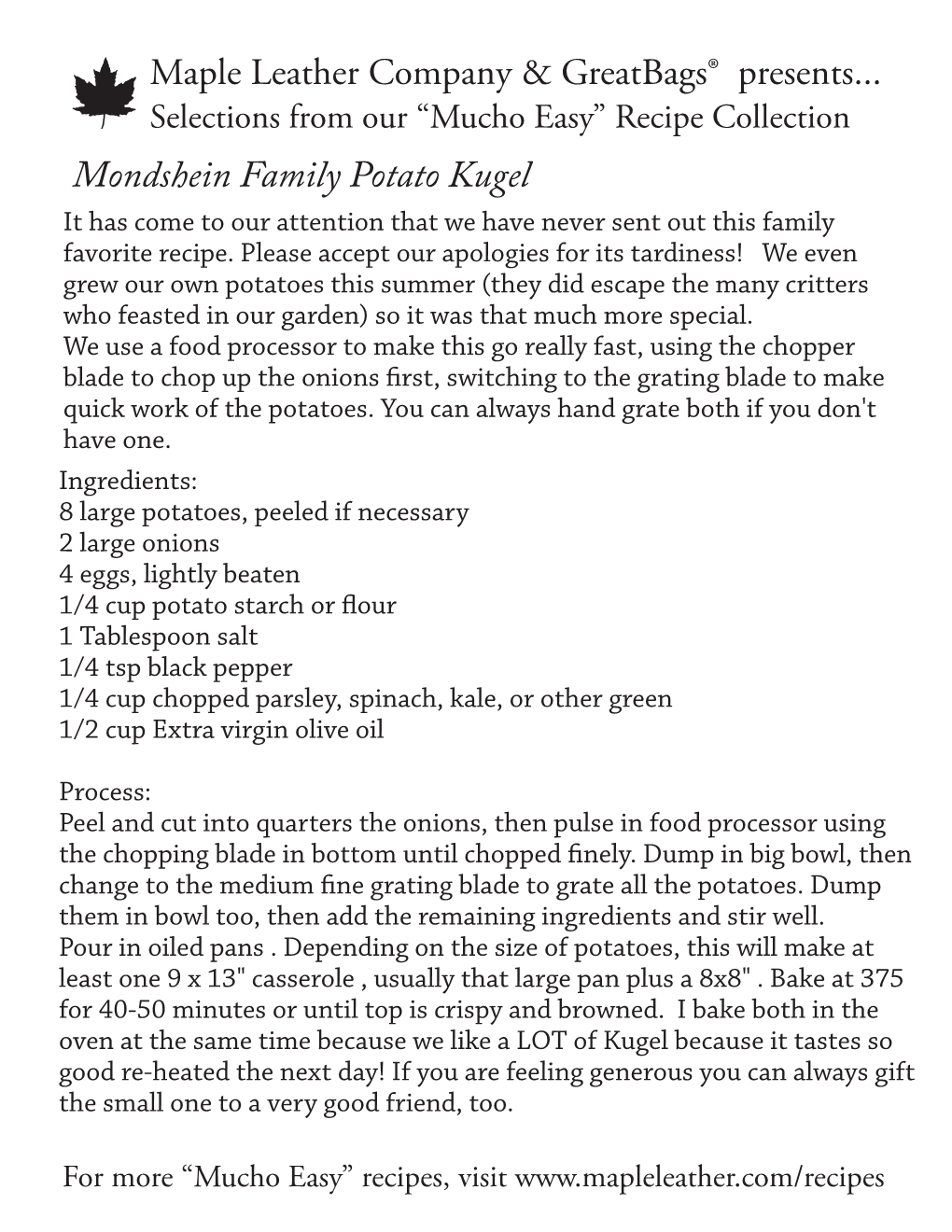 Mondshein Family Potato Kugel Maple Leather Company