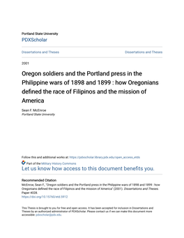 Oregon Soldiers and the Portland Press in the Philippine Wars of 1898 and 1899 : How Oregonians Defined the Acer of Filipinos and the Mission of America
