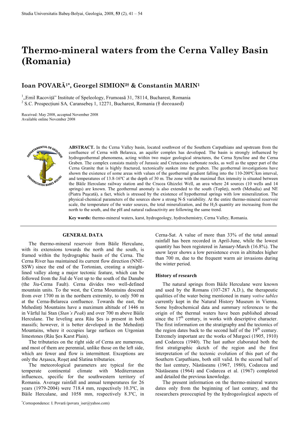 Thermo-Mineral Waters from the Cerna Valley Basin (Romania)